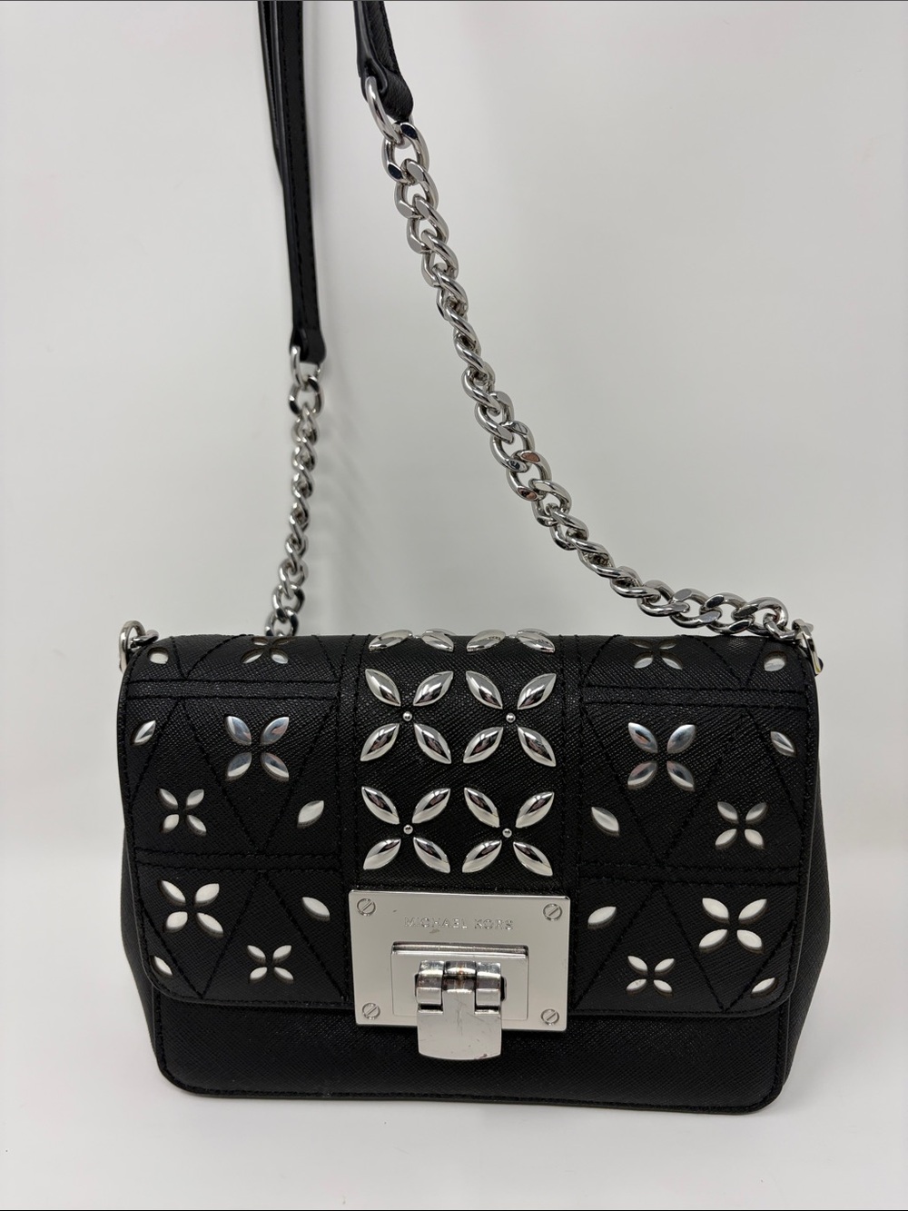 Michael Kors Black Leather Shoulder Bag with Silver Floral Studs